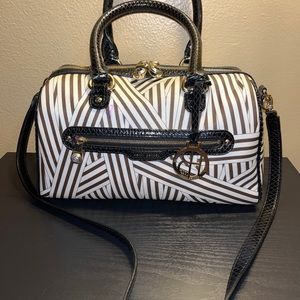 Henri Bendel black leather trim and canvas crossbody handbag